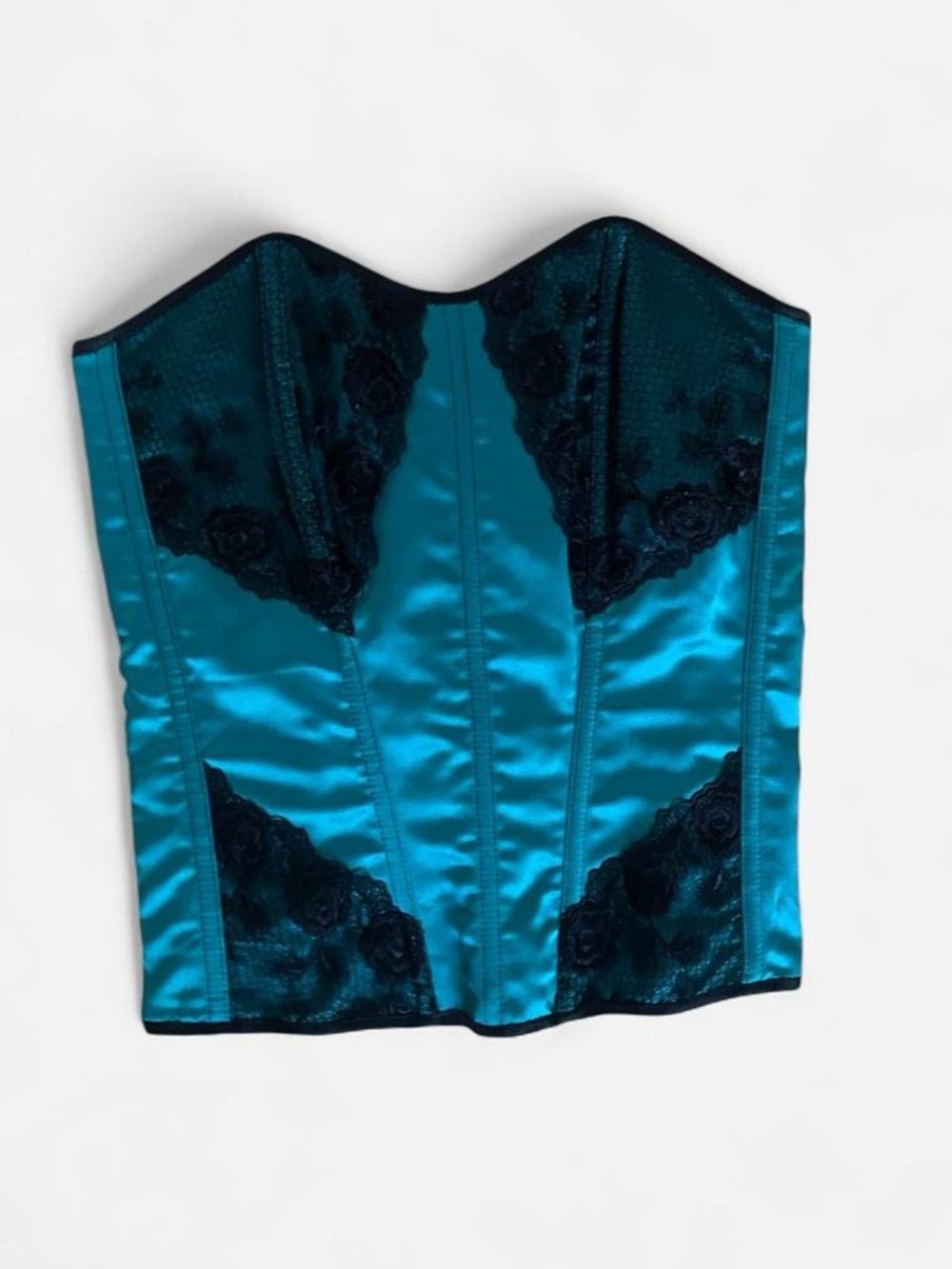 Vintage Intimate Attitudes Aqua Satin Black Lace Corset Top 42